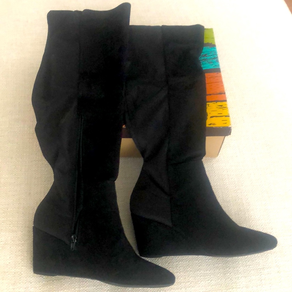 Knee High Black Faux Suede Wedge Boots